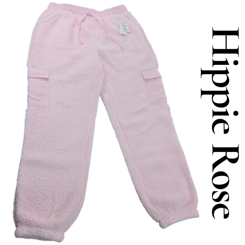 Hippie Rose Sherpa Cargo Jogger Pants Womens XL Pink Fleece Fuzzy Cozy NWT